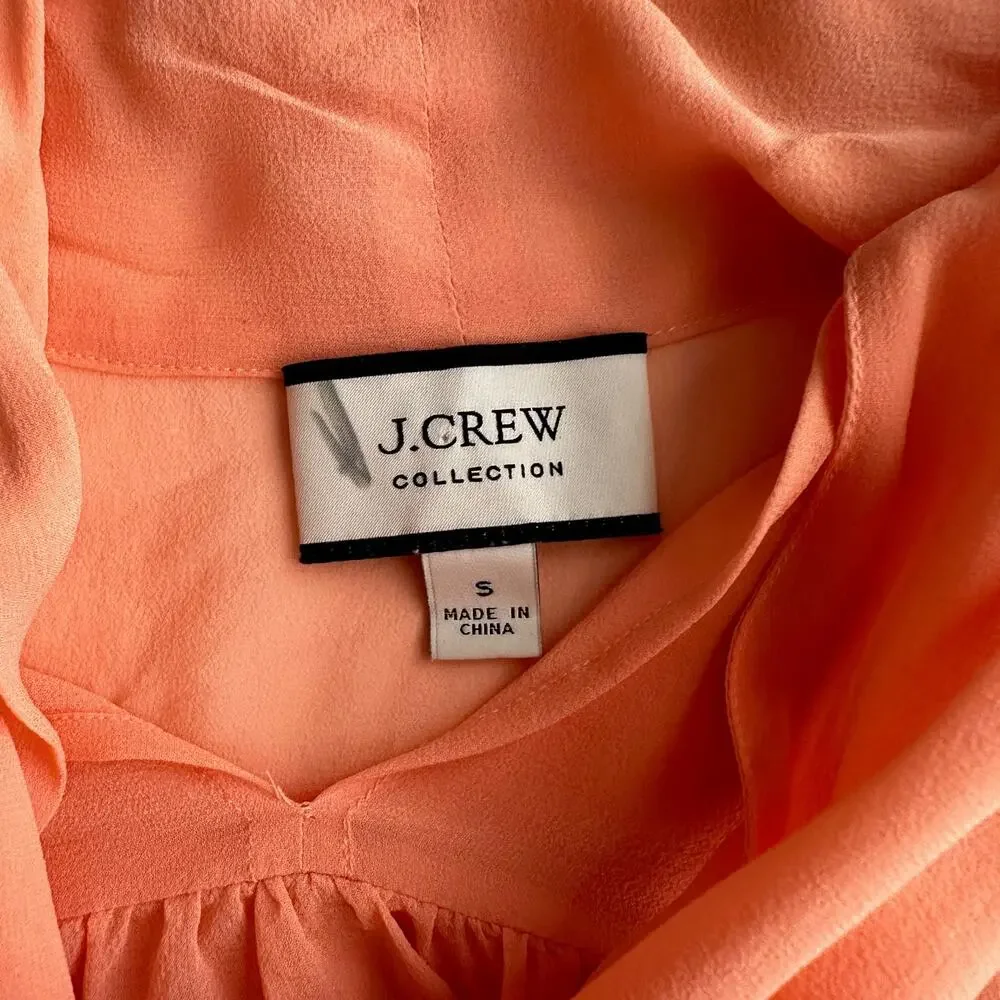 J Crew Silk Chiffon Ruffle Puff Sleeve Tie Neck Girlcore Lined‎ Peach Blouse S